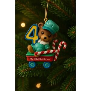 NIB My‎ 4th Christmas Bear Ornament Train Candy Cane Child's Keepsake Holiday